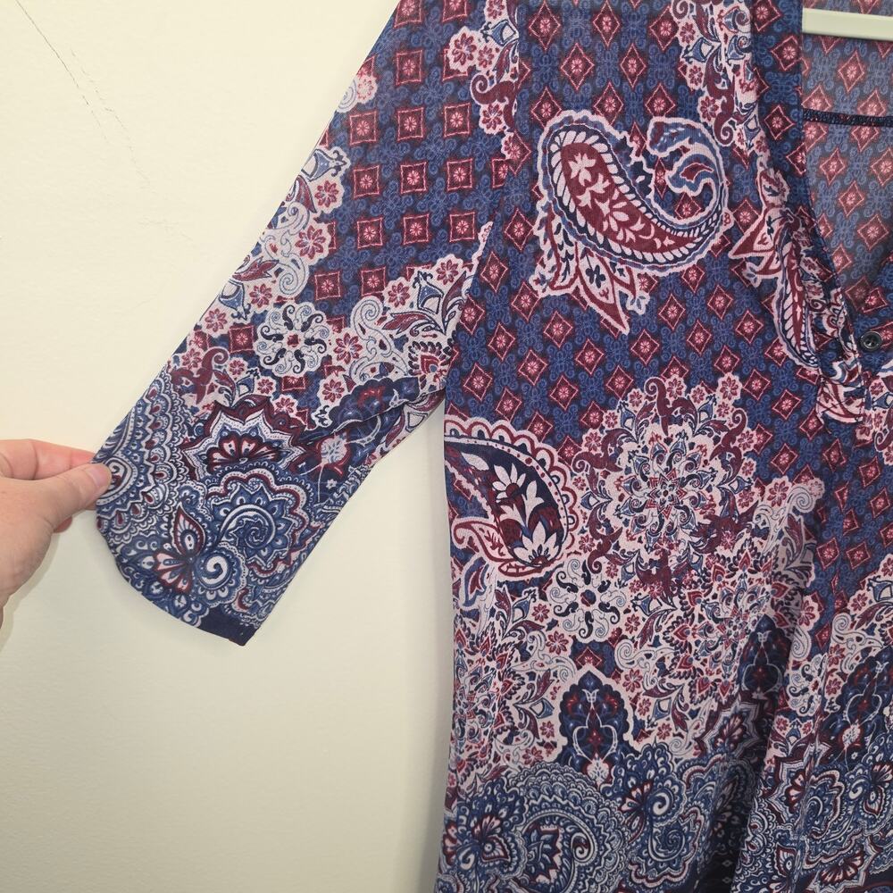 Siren Lily Bohemian Roll-Tab Tunic Ornate Paisley & Geometric Mesh Blouse Size M - Picture 5 of 7